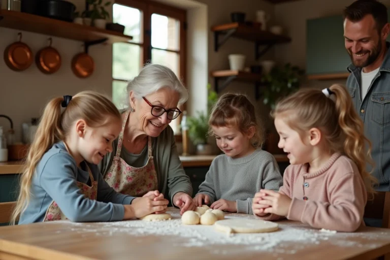Grand-mère et enfants qui préparent de la pâtisserie ensemble dans une cuisine familiale chaleureuse