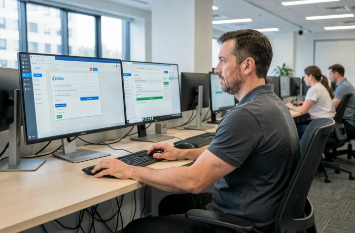 Administrateur informatique gérant l'accès Zimbra sur un poste de travail multi-écrans en université