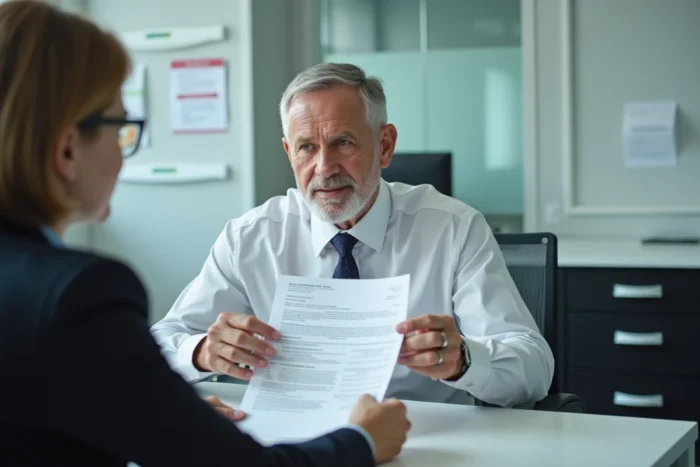 Agent de commission d'attribution expliquant un dossier de logement dans un bureau administratif