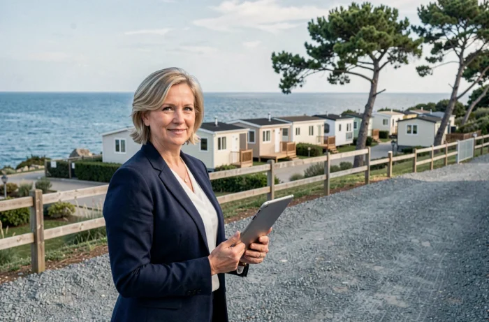 Agent immobilier présentant un terrain avec mobil-homes en bord de mer depuis un promontoire côtier