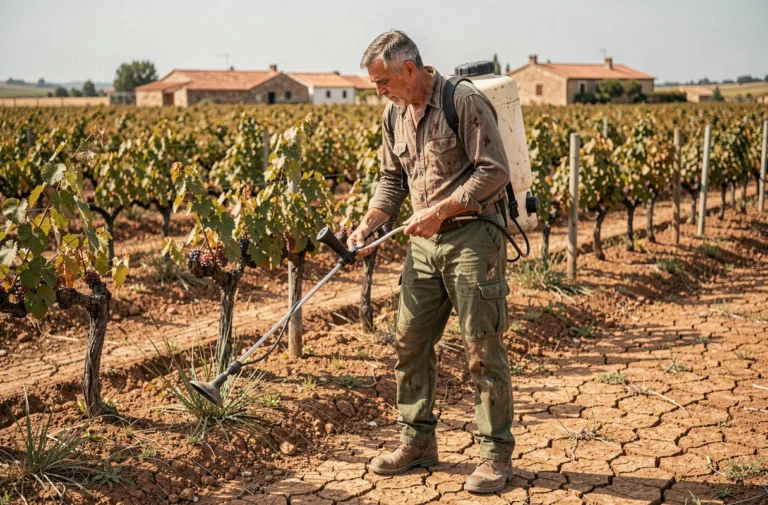 Agriculteur portugais appliquant du désherbant glyphosate avec un pulvérisateur à dos dans un vignoble de l'Alentejo aux sols rouges et secs