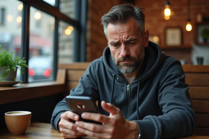 Homme examinant un avertissement de sécurité sur son smartphone dans un café public