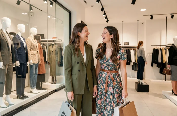 Deux amies souriantes découvrant les nouvelles collections tendance dans l'espace shopping de Renée Fashion