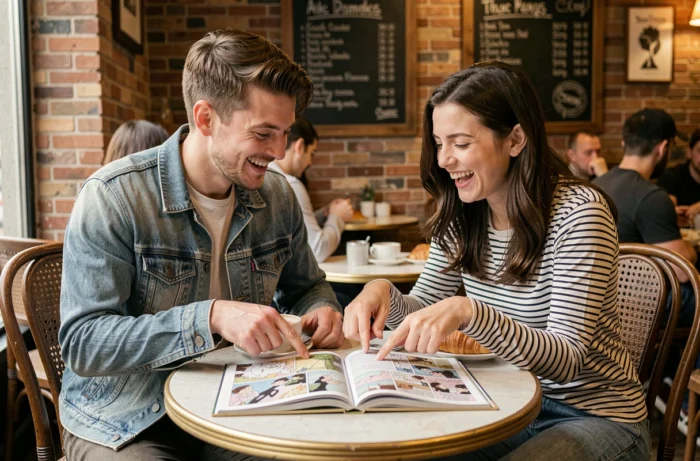 Deux amis partageant un volume de manga en version française traduite attablés dans un café parisien animé