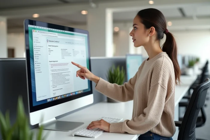 Jeune femme analysant un certificat SSL et les paramètres de sécurité d'un site web sur un grand écran en open space