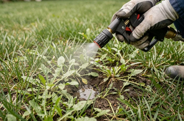 Gros plan sur l'application précise d'un herbicide sélectif sur des zones de mauvaises herbes dans un gazon