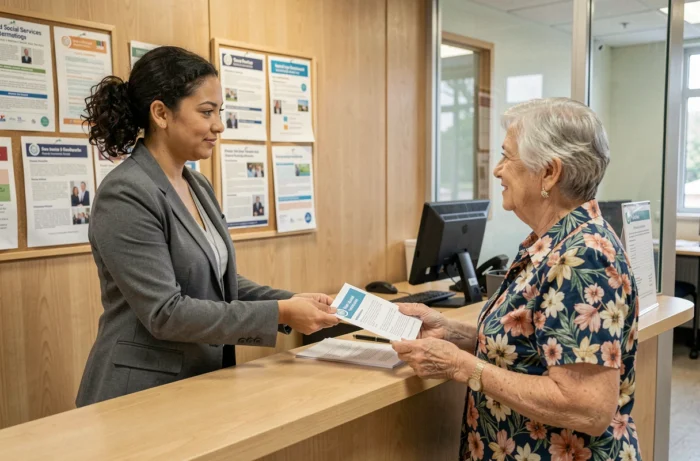 Une assistante sociale remettant une brochure d'information retraite à une dame âgée dans un centre d'accueil