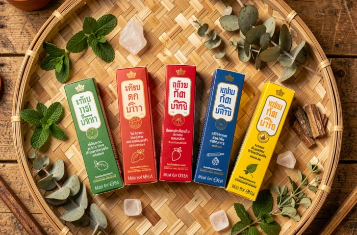 Assortiment d'inhalateurs Yadom thaïlandais disposés sur une natte en bambou avec des herbes naturelles