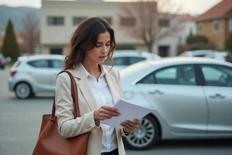 Femme consultant des documents d'assurance automobile à côté d'un véhicule qui ne lui appartient pas