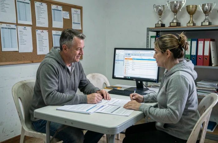 Bénévoles d'un club de handball amateur gérant les licences et inscriptions des joueurs sur ordinateur dans une salle de réunion