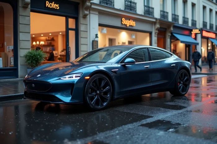 Berline électrique moderne garée sur une rue parisienne sous la pluie, reflétant l'architecture haussmannienne