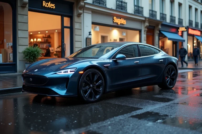 Berline électrique moderne garée sur une rue parisienne sous la pluie, reflétant l'architecture haussmannienne