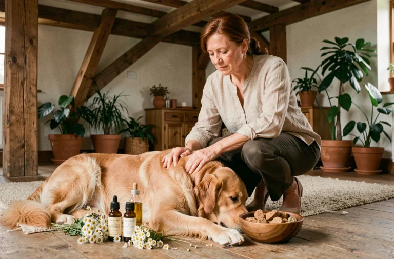 Femme aux cheveux auburn prenant soin de son golden retriever avec des solutions naturelles comme des huiles essentielles et des friandises biologiques dans un intérieur chaleureux en bois