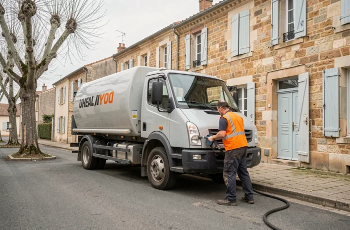 Camion de livraison de fioul domestique en cours de remplissage de cuve dans une rue résidentielle française