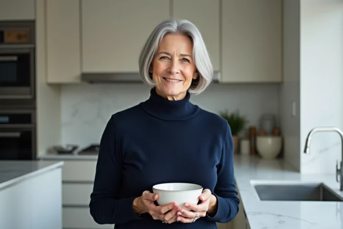 Femme de 70 ans portant un carré plongeant argenté avec frange balayée, dans une cuisine moderne élégante, look raffiné et contemporain