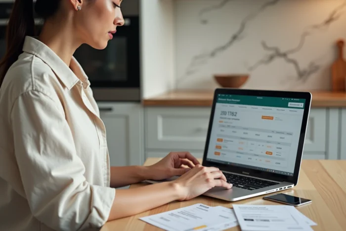 Femme consultant son tableau de cashback cumulé sur un ordinateur portable dans sa cuisine, avec des reçus et une carte bancaire posés à côté
