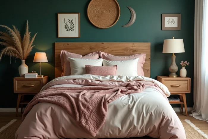 Chambre éclectique et cosy avec tête de lit en bois brut, mur vert forêt et linge de lit en lin doux pour un intérieur plein de caractère