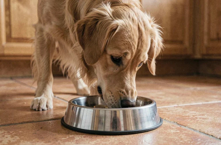 Chien golden retriever qui renifle sa gamelle avec méfiance, refusant de manger de la viande avariée