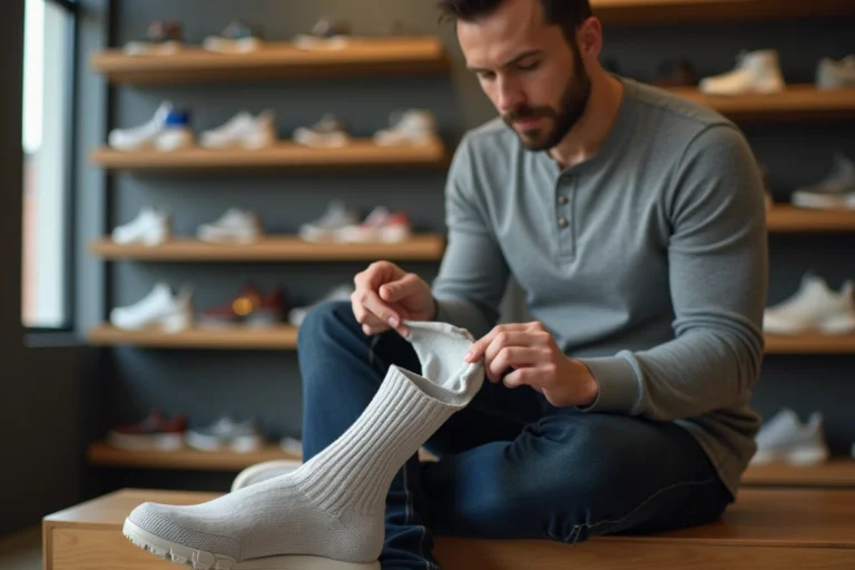 Homme en magasin vérifiant la taille de chaussettes pour une pointure 42 en comparant avec une chaussure de sport
