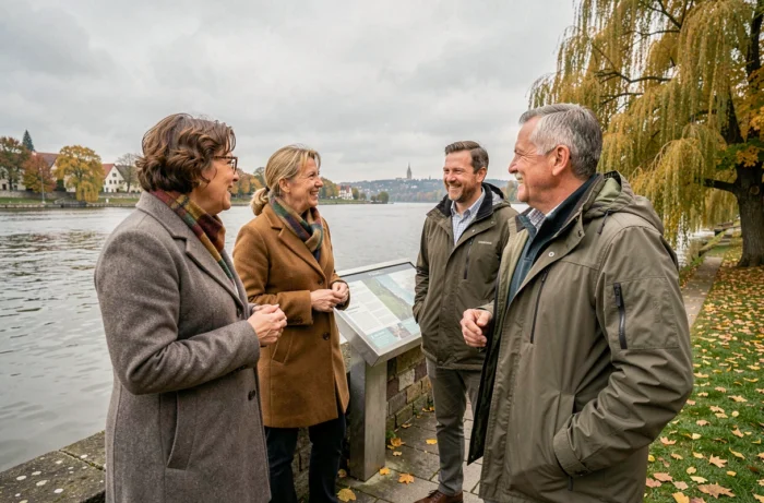 Groupe de citoyens discutant au bord du Rhin en Alsace lors d'une réunion de concertation communautaire en automne