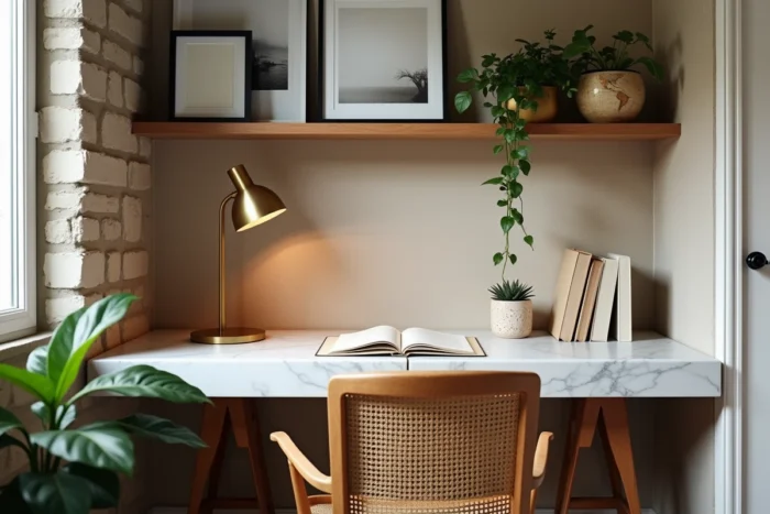 Coin bureau parisien décoré avec chaise en rotin, étagères en bois et mur en pierre apparente pour un intérieur original et fonctionnel
