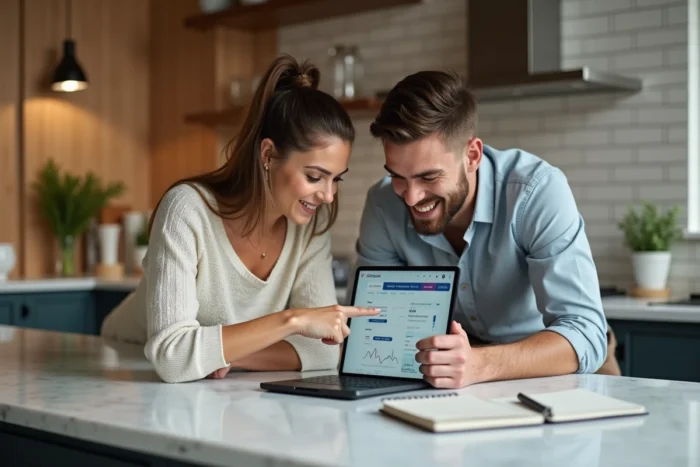 Deux entrepreneurs collaborant sur la création d'un site e-commerce autour d'une tablette dans un studio moderne
