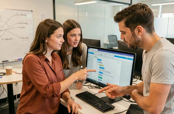 Deux collègues en discussion devant un ordinateur analysant la structure de navigation et les pages d'un site web dans un bureau de startup