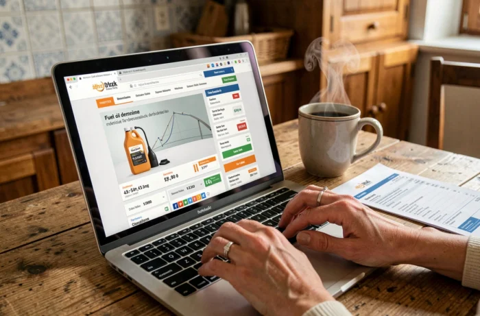 Femme consultant les prix du fioul domestique sur un site de comparaison en ligne depuis sa cuisine