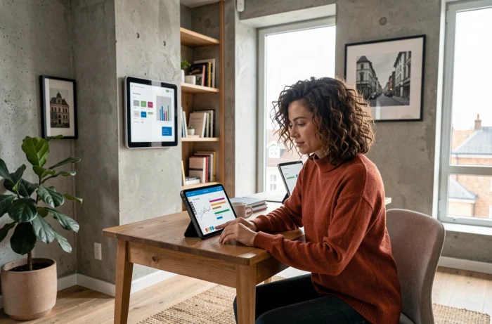 Femme comparant des équipements Ecolux fixes dans un bureau à domicile moderne et chaleureux