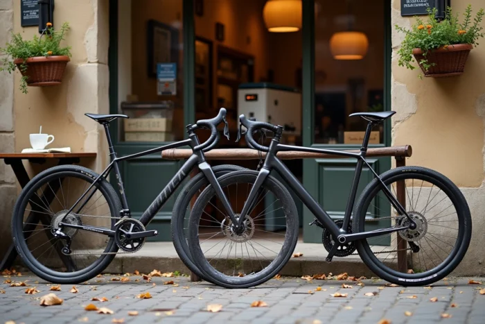 Comparatif côte à côte d'un vélo de route et d'un vélo gravel devant un café de village français