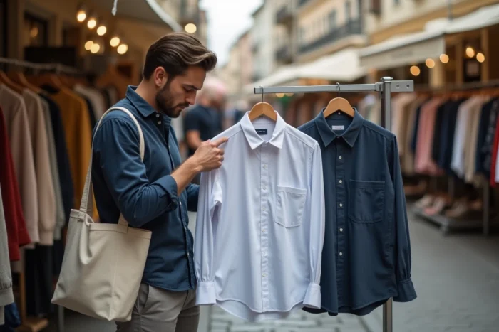 Homme comparant deux chemises pour identifier une pièce inspirée des grands créateurs lors d'un marché de mode
