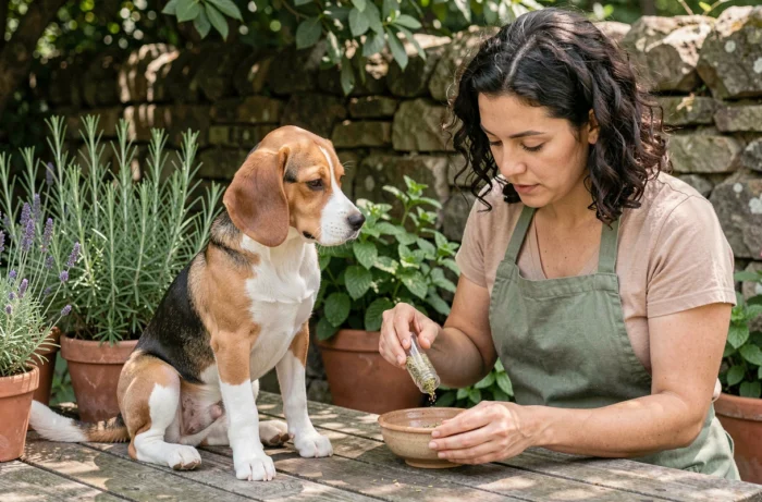 Jeune femme préparant un complément alimentaire naturel pour son beagle dans un jardin d'herbes aromatiques avec des pots en terre cuite et une ambiance végétale apaisante