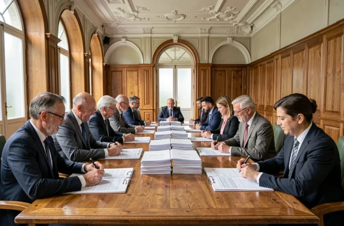 Réunion du conseil municipal de Rennes dans une salle de l'hôtel de ville pour des décisions locales