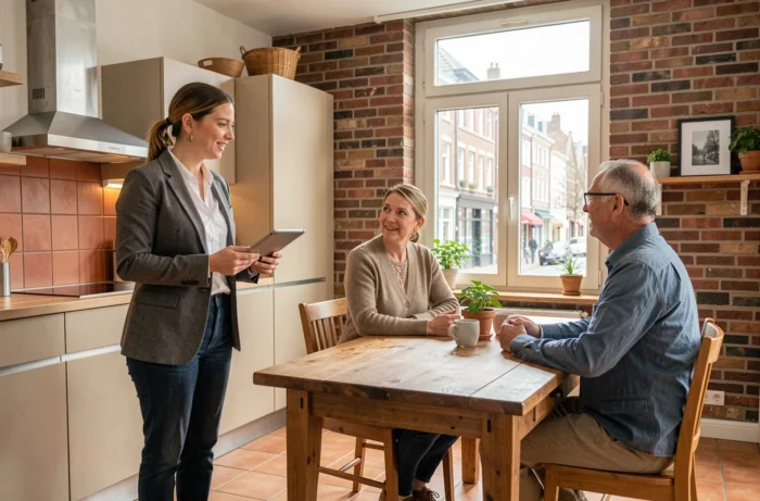 Conseillère en chauffage présentant des solutions à des propriétaires bruxellois autour d'une table