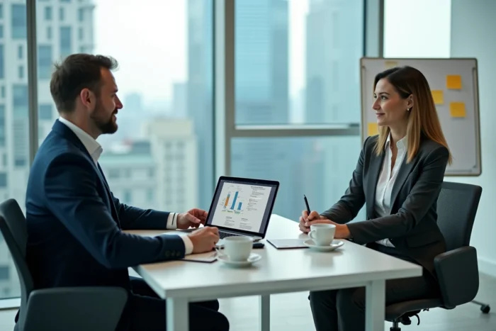 Consultant IT présentant une feuille de route de transformation digitale à une directrice d'entreprise en salle de réunion