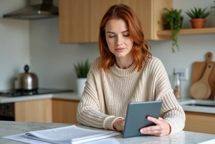 Femme propriétaire consultant un contrat de location et une interface de gestion immobilière depuis sa cuisine