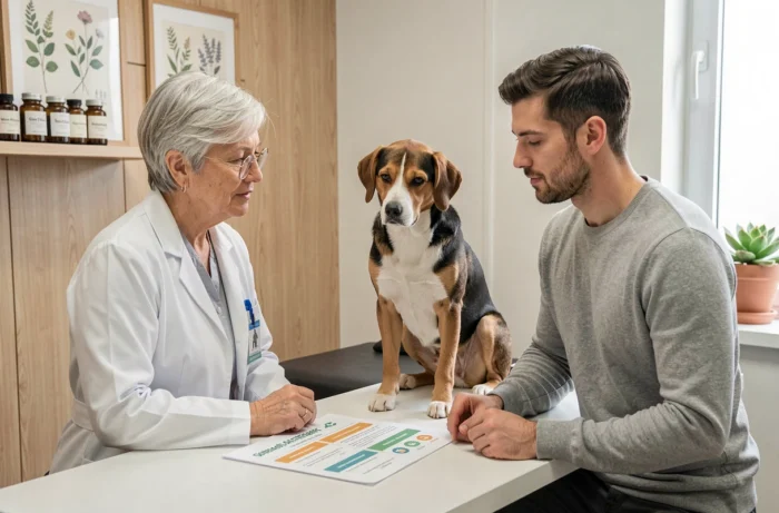 Vétérinaire et propriétaire de chien consultant un plan de bien-être personnalisé pour un chien calme lors d'une consultation dans une clinique moderne aux accents naturels