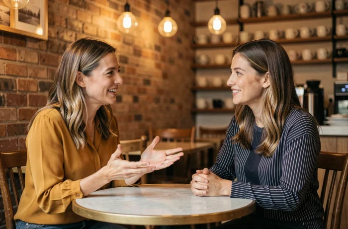 Deux femmes en conversation sincère dans un café pour partager et consolider leurs convictions personnelles