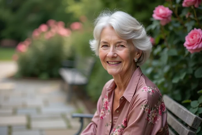Femme de 70 ans avec une coupe mi-longue ondulée blanc argenté, assise dans un jardin fleuri, style naturel et féminin pour cheveux matures