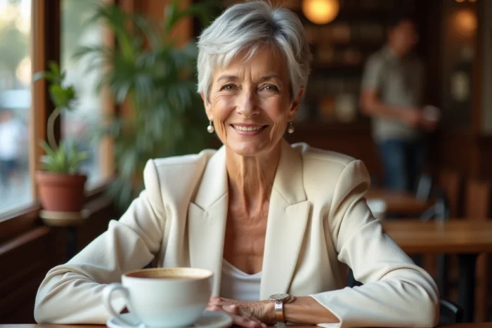 Femme de 70 ans avec une coupe pixie argentée courte et élégante, assise dans un café parisien, style sophistiqué et naturel