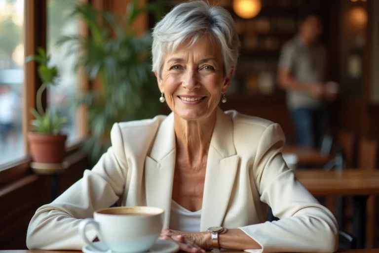 Femme de 70 ans avec une coupe pixie argentée courte et élégante, assise dans un café parisien, style sophistiqué et naturel
