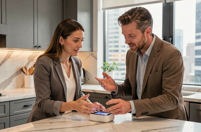 Couple utilisant un assistant domotique intelligent dans une cuisine moderne aux finitions haut de gamme