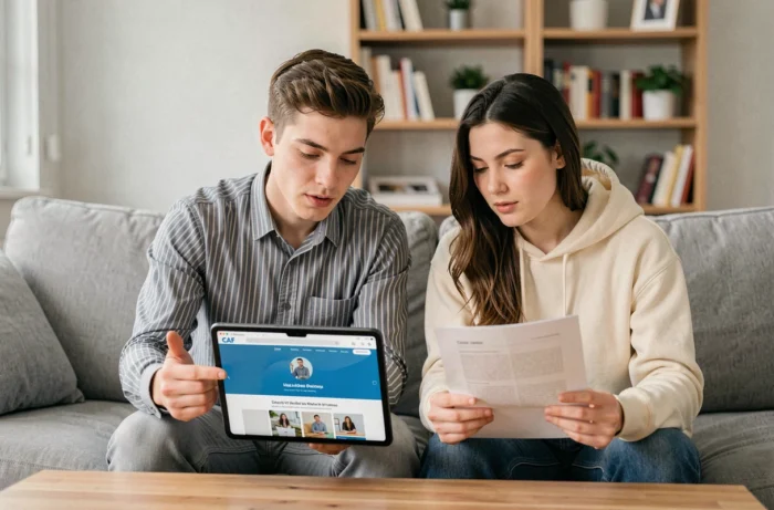 Couple consultant le site CAF sur une tablette pour obtenir une attestation de loyer à domicile