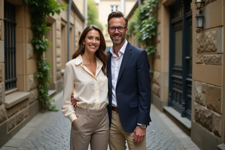 Couple élégant et discret dans une cour parisienne pittoresque, illustrant une relation amoureuse épanouie et secrète