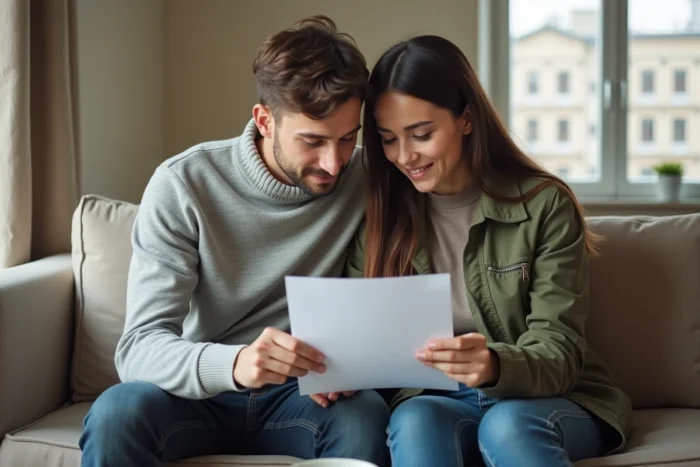 Couple lisant ensemble une lettre d'attribution de logement social dans leur appartement