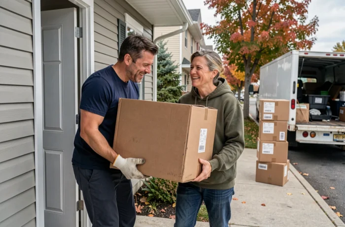 Couple portant un carton de déménagement devant leur maison avec un camion de déménagement