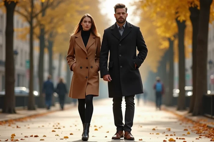 Couple complice se promenant sur un boulevard parisien en automne, évoquant une relation amoureuse discrète et épanouie