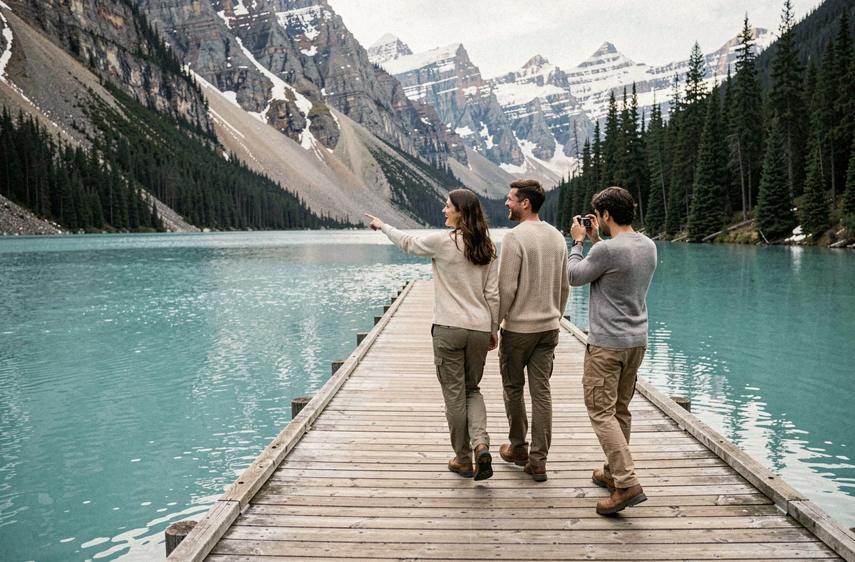 Couple de voyageurs marchant sur un ponton en bois au bord d'un lac glaciaire alpin
