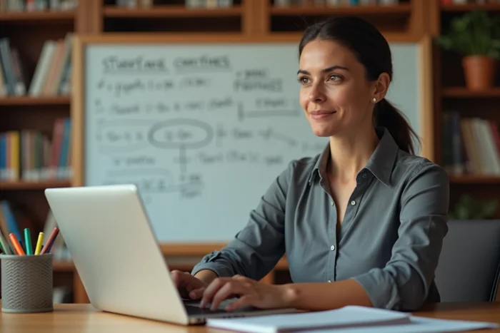 Professeure donnant un cours particulier en ligne par vidéo depuis son bureau à domicile, avec un tableau blanc couvert d'équations en arrière-plan