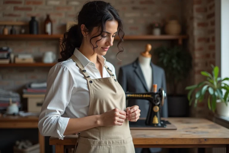Micro-entrepreneuse couturière épinglant l'ourlet d'une veste sur un mannequin dans son atelier artisanal